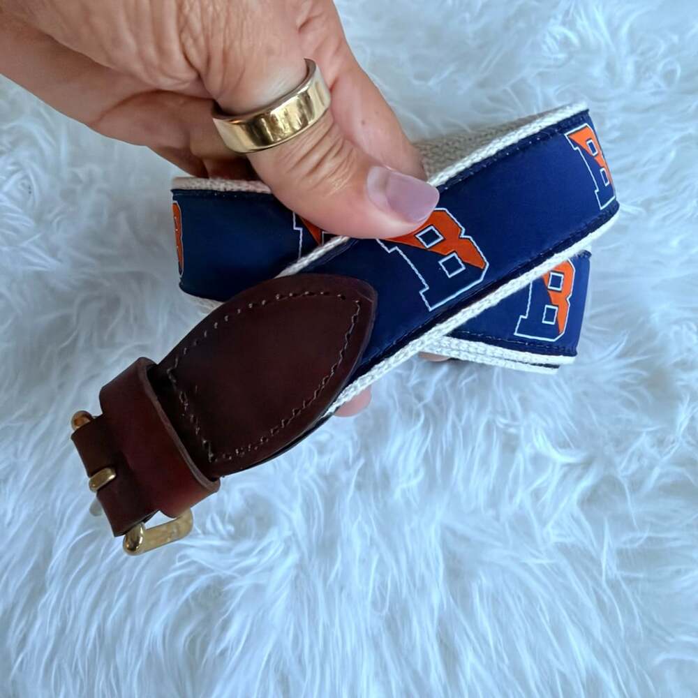 State Traditions Bucknell Leather Tab Belt Size 36/90 Navy Ribbon